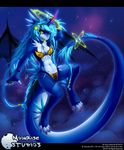  bikini blue_hair blue_theme breasts clothed clothing dragon female hair halo horn scalie skimpy solo space swimsuit tight_clothing tofu93 