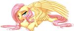  alpha_channel blue_eyes blush equine eyebrows female feral fluttershy_(mlp) friendship_is_magic fur hair horse kittehkatbar looking_at_viewer lying mammal my_little_pony pegasus pink_hair plain_background pony solo transparent_background wings yellow_fur 
