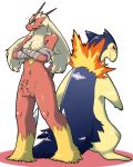  blaziken blue_eyes blush chizi closed_mouth creatures_(company) crossed_arms eye_contact fire from_behind full_body furry game_freak gen_2_pokemon gen_3_pokemon legs_apart looking_at_another looking_back navel nintendo no_humans notice_lines pokemon pokemon_(creature) red_eyes simple_background standing typhlosion white_background yellow_sclera 