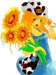  animal_print bag blonde_hair blue_eyes breasts cleavage cow_print cowboy_hat flower handbag harvest_moon:_a_new_beginning hat long_hair medium_breasts naked_overalls open_mouth overall_skirt overalls popousagi rio_(harvest_moon) sideboob solo sunflower 