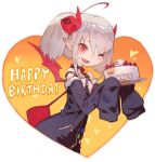  1girl ;d ahoge albino alternate_hairstyle bag bangs bare_shoulders belt_collar birthday_cake cake character_name collar commentary_request curled_horns demon_girl demon_horns demon_wings fang food grey_hair handbag happy_birthday heart highres holding_cake horns lack leash looking_at_viewer makaino_ririmu multicolored_hair nijisanji off_shoulder one_eye_closed open_mouth plate pointy_ears red_bag red_collar red_eyes red_horns red_wings shiina_yuika sleeves_past_fingers sleeves_past_wrists smile solo strawberry_shortcake streaked_hair twintails upper_body very_long_sleeves wings zipper zipper_pull_tab 