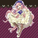  alternate_color alternate_hair_color bat blue_eyes blush bow braid brooch brown_legwear castlevania castlevania:_harmony_of_despair cross hair_bow hair_ribbon hairband jewelry kaimu_(tanishi_no_hitsugi) long_hair maria_renard open_mouth pantyhose pink_hair ribbon skirt smile solo very_long_hair vest 