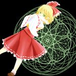  ankle_socks aquanzu arms_up black_background blonde_hair bow cosplay covering_mouth detached_sleeves dutch_angle green_eyes hair_bow hakurei_reimu hakurei_reimu_(cosplay) light_trail looking_at_viewer mizuhashi_parsee pointy_ears short_hair simple_background skirt solo touhou vest 