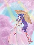  alternate_costume bad_id bad_pixiv_id bingling_zhilian cherry_blossoms dress highres meira ponytail purple_hair red_eyes ribbon solo touhou touhou_(pc-98) umbrella 