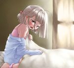  1girl aftersex bed bedroom blush covering curtain curtains dress_shirt grey_hair halftone halftone_background hidamari_sketch nazuna on_bed open_clothes open_mouth open_shirt pajamas panties panties_around_leg shirt short_hair solo tears underwear vovovov window yellow_eyes 