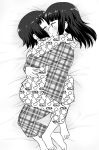  2girls barefoot bernard-jou_iwaku. blush chick_print couple eyes_closed from_side greyscale hug kanbayashi_shiori long_hair machida_sawako meis_(terameisu) monochrome multiple_girls mutual_hug pajamas plaid_pajamas print_pajamas profile short_hair yuri 