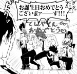  2girls 5boys :&gt; aiue0 asui_tsuyu banner barefoot black_eyes black_hair blush blush_stickers boku_no_hero_academia collared_shirt commentary_request freckles frog_girl glasses graphite_(medium) hair_rings iida_tenya kaminari_denki kirishima_eijirou long_hair low-tied_long_hair messy_hair midoriya_izuku millipen_(medium) mineta_minoru monochrome multiple_boys multiple_girls open_mouth school_uniform sharp_teeth shirt short_hair sidelocks smile socks spiked_hair teeth traditional_media translation_request u.a._school_uniform uraraka_ochako 