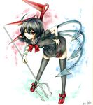  asymmetrical_wings black_hair black_legwear breasts dress highres houjuu_nue iroha_(nullpo) medium_breasts one_eye_closed polearm red_eyes short_hair short_sleeves skirt smile snake solo thighhighs touhou traditional_media trident weapon wings 