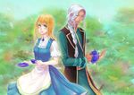  1girl apron blonde_hair blue_eyes braid cup dark_skin dress hal_(sakurajam) harvest_moon:_a_new_beginning highres long_hair purple_eyes rio_(harvest_moon) sanjay_(harvest_moon) silver_hair smile teacup teapot tree waist_apron 