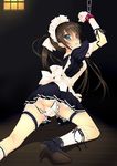  bdsm blue_eyes blush bondage bound brown_hair covering covering_crotch cuffs f-ism from_behind garters gloves high_heels highres long_hair looking_back maid maid_headdress murakami_suigun panties panties_removed parted_lips pleated_skirt ponytail pussy ribbon shoes skirt solo tears underwear 