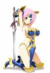  armpits arms_up breasts circlet final_fantasy final_fantasy_v gauntlets green_eyes hima knight large_breasts legs lenna_charlotte_tycoon long_hair looking_at_viewer no_panties pink_hair simple_background smile solo sword thighs weapon white_background 