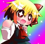  1girl arms_up ascot bad_id bad_pixiv_id blonde_hair bow chibi hair_bow hair_ornament highres no_nose open_mouth rainbow_background red_eyes rumia short_hair solo sparkle star star-shaped_pupils symbol-shaped_pupils touhou 