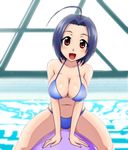  ahoge animated animated_png arm_support blue_hair blush bouncing_breasts breasts cleavage collaboration goriate idolmaster idolmaster_(classic) idolmaster_2 indoors inflatable_raft kaze_(kazesan) large_breasts miura_azusa navel open_mouth pool red_eyes rei_no_pool riding shiny shiny_skin short_hair smile solo 
