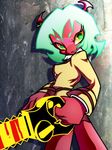  1girl chainsaw green_eyes green_hair ingenmame nabeshiki_(ingenmame) panty_&amp;_stocking_with_garterbelt red_skin scanty_(psg) smile solo weapon 