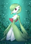  alanscampos anthro breasts cleavage clothed clothing female gardevoir green_hair green_skin hair hi_res kneeling looking_at_viewer nintendo pok&#233;mon pok&#233;morph pok&eacute;mon pok&eacute;morph red_eyes solo thighs video_games white_skin 