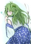  ass back bad_id bad_pixiv_id blue_eyes blush detached_sleeves frog_hair_ornament gohei green_eyes green_hair hair_ornament hair_tubes kochiya_sanae long_hair one_eye_closed pentagram skirt smile snake_hair_ornament solo star teko touhou 