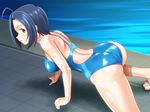  all_fours ass blue_hair breasts competition_swimsuit idolmaster idolmaster_(classic) large_breasts miura_azusa muhi11234 one-piece_swimsuit pool poolside red_eyes short_hair solo swimsuit 