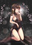 1girl anniversary bangs black_nails blush breast_hold breasts brown_dress brown_hair character_name cleavage commentary_request dress dsr-50_(girls_frontline) earrings eyebrows_visible_through_hair fingernails fringe_trim girls_frontline hand_up highres infinity jewelry kneeling large_breasts long_hair nail_polish no_bra parted_lips pixiv_id red_eyes see-through see_through sidelocks signature sleeveless sleeveless_dress solo teratsuki tongue tongue_out 