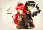  1girl back-to-back black_eyes black_hair braid holding_hands long_hair mokkei red_eyes red_hair sairei_no_hebi sakai_yuuji shakugan_no_shana shana spoilers 