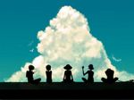  1girl 4boys blue_sky cloud east_blue going_merry monkey_d_luffy multiple_boys nami nami_(one_piece) one_piece outdoors roronoa_zoro sanji ship silhouette silhouettes sky usopp 