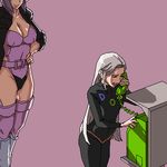  bangs boots breasts cleavage commentary crossover dos ghost_in_the_shell hand_on_hip jacket kusanagi_motoko large_breasts leotard long_hair lowres multiple_girls oekaki open_clothes open_jacket os-tan parted_bangs payphone phone purple_hair purple_leotard rakugaki short_hair silver_hair smile sweatdrop sweater thighhighs you_gonna_get_raped 
