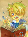  1boy blonde_hair book child east_blue fish hair_over_one_eye male male_focus one_piece sanji smile solo young younger 