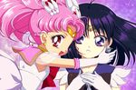  back_bow bishoujo_senshi_sailor_moon black_hair bow brown_bow chibi_usa d_(pixiv544157) double_bun earrings elbow_gloves gloves gradient gradient_background hair_ornament hairpin jewelry magical_girl multiple_girls pink_background pink_hair pink_sailor_collar purple_background purple_eyes purple_sailor_collar red_eyes sailor_chibi_moon sailor_collar sailor_saturn sailor_senshi_uniform short_hair smile super_sailor_chibi_moon tiara tomoe_hotaru twintails white_gloves 