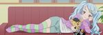  :3 blue_hair boku_no_imouto_wa_osaka_okan couch hair_ornament hairclip highres ishihara_namika lying on_side screencap smile solo stitched striped striped_legwear thighhighs third-party_edit twintails 