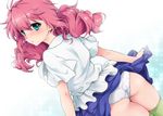  aqua_eyes ass blush cowboy_shot dutch_angle feldt_grace from_behind green_legwear gundam gundam_00 looking_back panties pink_hair plum_(arch) short_hair skirt skirt_lift solo thighhighs twintails underwear white_panties 