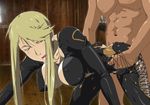  1girl all_fours blonde_hair blush bodysuit bouncing_breasts breasts cleavage clothed_female_nude_male doggystyle erect_nipples from_behind highres kasuga kyabakurabakufu large_breasts legs long_hair looking_back open_mouth saliva sengoku_basara sex sweat thighs torn_clothes vaginal yellow_eyes 