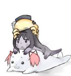  :&lt; animalization bad_id bad_pixiv_id beret black_hair drill_hair gomadoka hairband hat hat_feather homurakko jellyfish jitome long_hair mahou_shoujo_madoka_magica mamikurage no_humans otter pink_hair quad_drills seal short_twintails sitting_on_animal twintails whiskers yoplait 