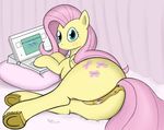  anus butt computer cutie_mark equine female feral fluttershy_(mlp) friendship_is_magic fur green_eyes hair horse laptop looking_at_viewer looking_back mammal my_little_pony pegasus pink_hair pony pussy solo wet wings xyi yellow_fur 