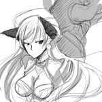  breasts character_request cleavage greyscale haik hat large_breasts long_hair melfis monochrome shinrabanshou simple_background sketch solo white_background 