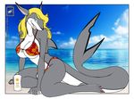  absurdly_absurd_res beach bikini blush breasts clothing female fish hi_res looking_at_viewer marine seaside shark solo swimsuit tight_clothing walter_sache water 