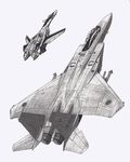  airplane canards dutch_angle f-15_eagle flying japan_air_self-defense_force japan_self-defense_force jet macross macross_plus mecha mick_(m.ishizuka) military missile no_humans science_fiction traditional_media variable_fighter yf-19 