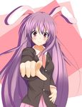  animal_ears blazer blush breasts bunny_ears jacket long_hair medium_breasts necktie pointing purple_hair red_eyes reisen_udongein_inaba skirt smile solo takamichis211 touhou very_long_hair 