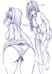  ass barefoot blush braid breasts cardigan closed_eyes from_behind hair_over_shoulder kanon large_breasts leaning_forward long_hair looking_back mature minase_akiko mitarashi_kousei monochrome no_pants panties single_braid sketch skirt smile underwear undressing 