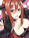  bad_id bad_pixiv_id blush breasts brown_hair choker cleavage downblouse heart horns large_breasts long_hair looking_at_viewer maou_(maoyuu) maoyuu_maou_yuusha mugenshiki red_eyes red_hair solo upper_body 