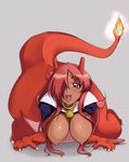  breasts brown_eyes charizard dark_skin fangs fusion gen_1_pokemon hair_over_one_eye hanging_breasts haruhisky highres horns kirche_augusta_frederica_von_anhalt_zerbst large_breasts lipstick makeup monster_girl nipples pentagram pokemon pokemon_(creature) red_hair solo tail tail-tip_fire tongue tongue_out top-down_bottom-up zero_no_tsukaima 