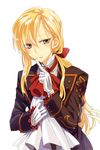  androgynous blonde_hair butler cosplay cravat finger_to_mouth gloves hair_ribbon male_focus multicolored multicolored_eyes nanamura ponytail ribbon ronove ronove_(cosplay) smile solo umineko_no_naku_koro_ni ushiromiya_lion white_background white_gloves 