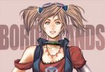  bandaid bandaid_on_face blush borderlands borderlands_2 brown_hair choker cyborg gaige goggles goggles_on_head green_eyes highres jewelry keikei01 long_hair looking_at_viewer necklace simple_background smile solo twintails upper_body vest 