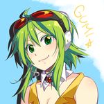  ahoge bare_shoulders caffein character_name detached_collar goggles goggles_on_head green_eyes green_hair gumi headset highres short_hair smile solo upper_body vocaloid 