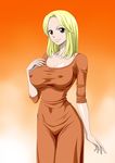  1girl black_eyes blonde_hair breasts brown_eyes cleavage collarbone curvy dress erect_nipples hand_on_chest highres hips kaya_(one_piece) large_breasts legs long_dress long_sleeves looking_at_viewer nel-zel_formula one_piece orange_dress short_hair simple_background smile solo standing thighs 
