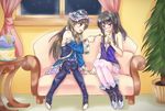  atelier_(series) atelier_meruru blue_footwear blue_sleeves blush boots brown_eyes brown_hair couch detached_sleeves feeding kyoukya_(kyouya02) mimi_houllier_von_schwarzlang multiple_girls plant potted_plant side_ponytail sitting table thigh_boots thighhighs totooria_helmold tree window yuri 