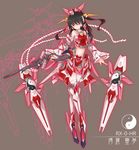  adapted_costume armor beam_rifle black_hair crossed_legs energy_gun fusion glowing gun gundam gundam_unicorn hair_tubes hakurei_reimu headpiece highres mecha_musume ofuda raptor7 red_eyes shide shield standing touhou unicorn_gundam watson_cross weapon yin_yang 