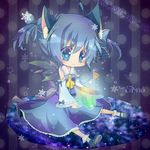  :3 alternate_costume animal_ears ascot aya-0w0 blue_hair blush bottle cat_ears cirno detached_sleeves dress hair_ornament hair_ribbon ice ice_wings japanese_clothes ribbon short_hair sitting solo star touhou wings 