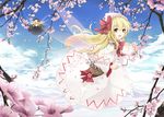  basket black_dress blonde_hair blue_sky bow capelet cherry_blossoms cloud cloudy.r day dress dual_persona fairy fairy_wings flying hair_bow hat highres lily_black lily_white long_hair long_sleeves mountain multiple_girls open_mouth petals pink_eyes sky smile touhou tree white_dress wide_sleeves wings 