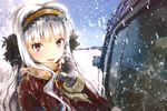  bad_id bad_pixiv_id earmuffs gloves ground_vehicle idolmaster idolmaster_(classic) motor_vehicle purple_eyes scarf shijou_takane snow snowing solo van white_hair yae_(mono110) 