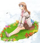  blue_eyes brown_hair flower grass hands_on_own_knees ikeda_jun_(mizutamari) jacket no_socks open_clothes open_jacket original shoes sitting skirt smile snow snowman solo 