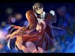  1girl bad_id bad_pixiv_id bison_cangshu black_hair blurry bokeh bow bowtie breasts brown_eyes couple dancing depth_of_field dress formal hetero large_breasts letterboxed long_hair maou_(maoyuu) maoyuu_maou_yuusha red_eyes red_hair short_hair star suit yuusha_(maoyuu) 